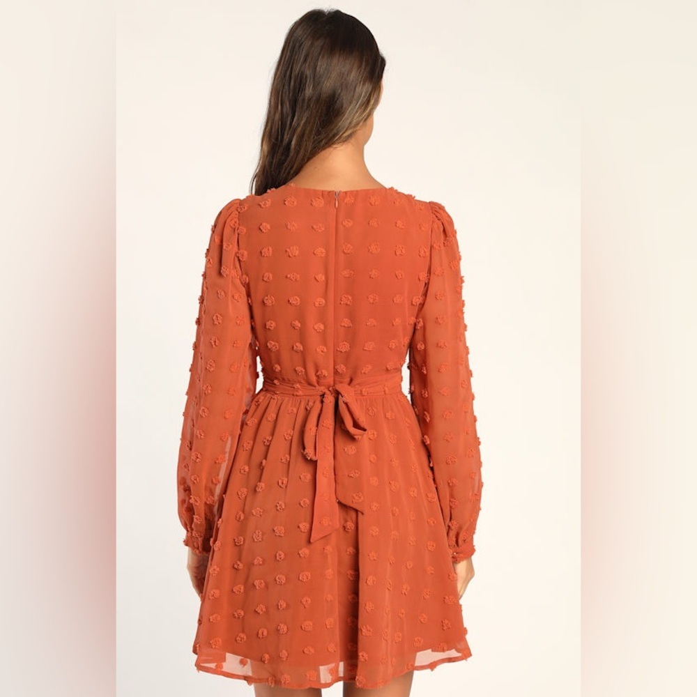 Lulus Always on Repeat Rust Orange Clip Dot Long Sleeve Mini Dress XL NWT - Picture 4 of 9